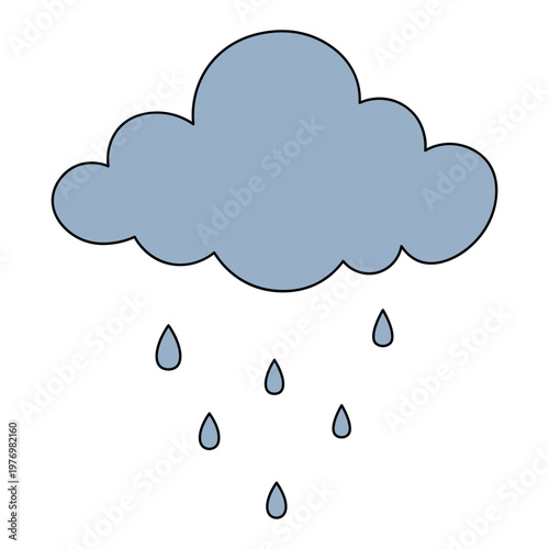 It's raining. Gray cumulus cloud and raindrops. Color vector illustration. Isolated on white background. Curly cloud, the beginning of a downpour. Idea for web design.