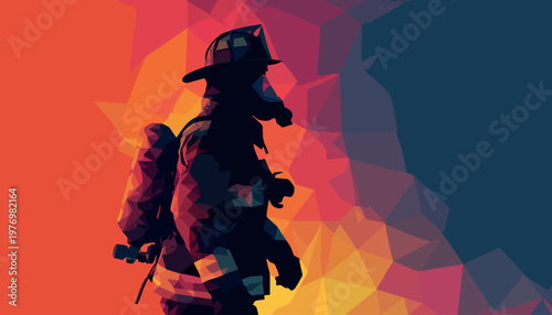 Low Poly Firefighter in Protective Suit and Gas Mask Vector Illustration