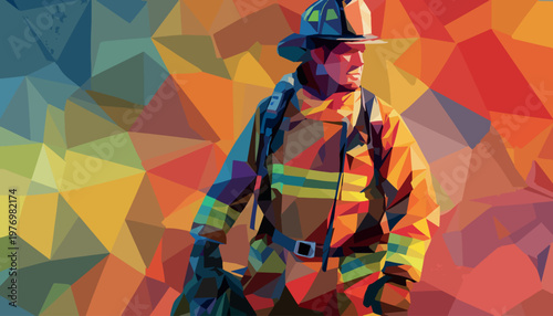 Low Poly Firefighter in Protective Suit and Gas Mask Vector Illustration