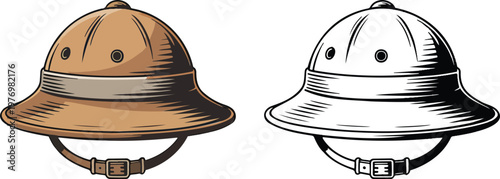Pith helmet illustration & outline set isolated on transparent background