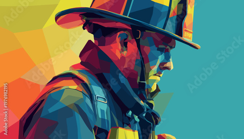 Low Poly Firefighter in Protective Suit and Gas Mask Vector Illustration