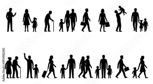 People silhouettes set, walking family figures, diverse human vector icons