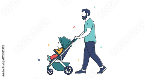 Bearded father walking outdoors and pushing his baby in a modern green stroller against a clean white background.