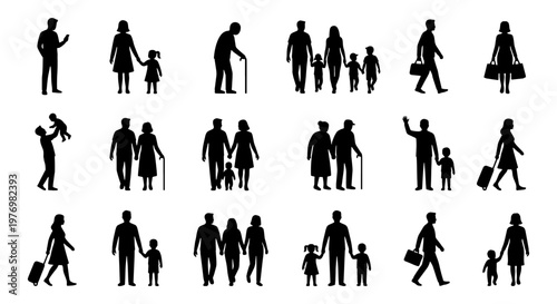 People silhouette set, family and pedestrian icons, human vector collection