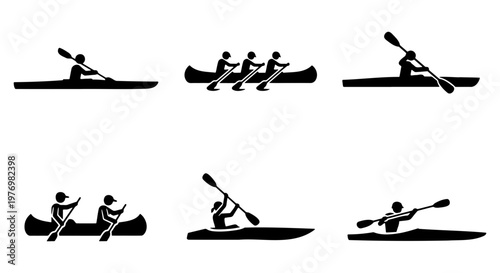 Kayaking and canoeing icons, rowing sport silhouettes, 6 vector elements