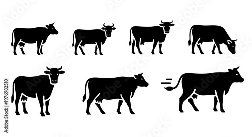Cow silhouette vector set, farm animal icons, black cattle graphics