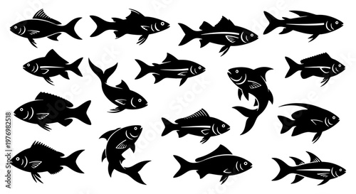 Black fish silhouette collection, 15 aquatic animal vector icons