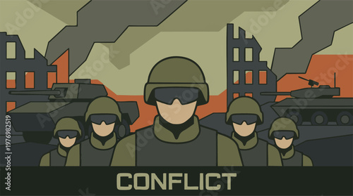 Vector illustration of a military conflict with soldiers, tanks, and ruins