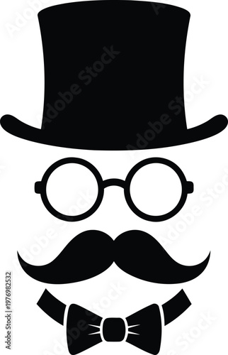 A minimalist black graphic illustration of a gentleman wearing a top hat glasses and bowtie Vector