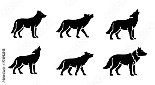 Wolf silhouette icons, howling wild animal set, black coyote vector shapes