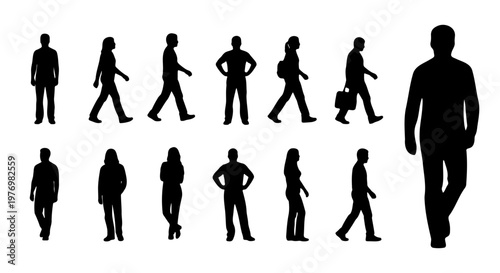 Walking people silhouettes, 13 human figures set, black vector icons