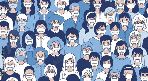 Crowd of diverse people wearing protective face masks to stay safe during a global pandemic and prevent disease spread.