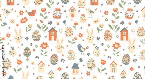 Whimsical Easter seamless pattern with rabbits, birds, decorative eggs, and houses in a charming spring time meadow design.