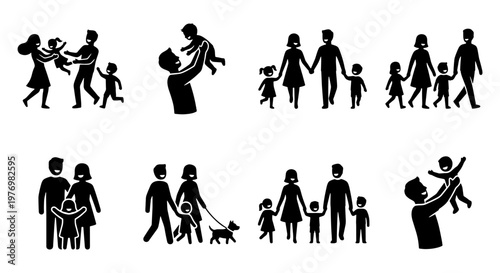Family silhouette icons set, happy people vector, black parent child figures