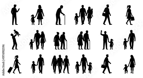 People silhouettes set, family walking icons, diverse human figures vector