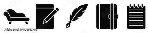Collection of flat black silhouette icons representing objects related to writing, education, literature, or psychotherapy for use in web graphics, print materials, or academic