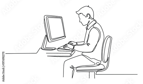 Continuous line drawing of a focused man actively working at a desk with a computer, ideal for illustrating concepts of productivity, education, technology, and modern work environments