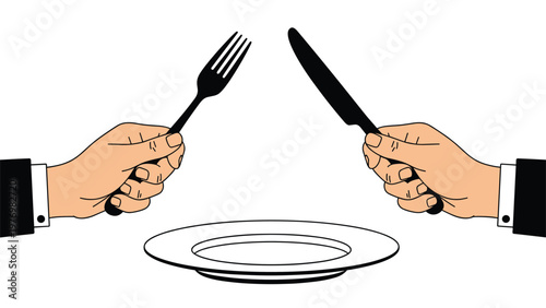 Hands of a person holding a fork and knife over an empty white plate in a formal dining setting illustration.