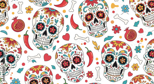 Vibrant Day of the Dead seamless pattern featuring decorated sugar skulls, chili peppers, bones, and flowers on white.