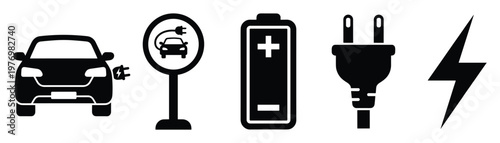 Collection of electric vehicle and energy related vector icons representing sustainable transportation, charging stations, battery power, and electricity for ecofriendly mobility and green