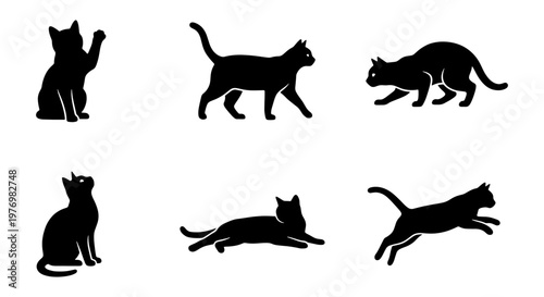 Black cat silhouettes, 6 feline poses, domestic kitten vector icons