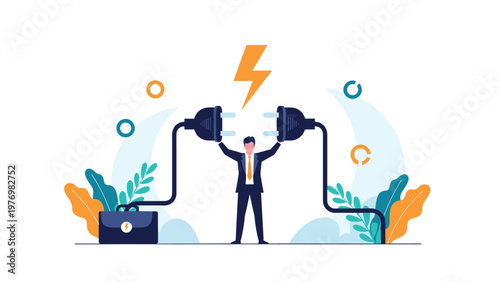 Businessman standing between two large electric power plugs trying to connect them under a lightning bolt symbol.