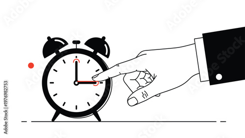 Human hand in a suit sleeve pointing a finger at a classic ringing alarm clock in a black and white illustration.