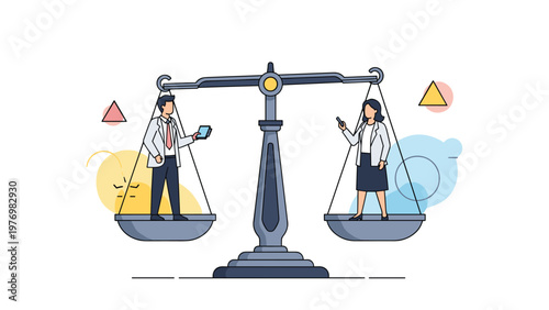 Man and woman in professional attire standing on opposite sides of a giant scale for gender equality or justice concept.