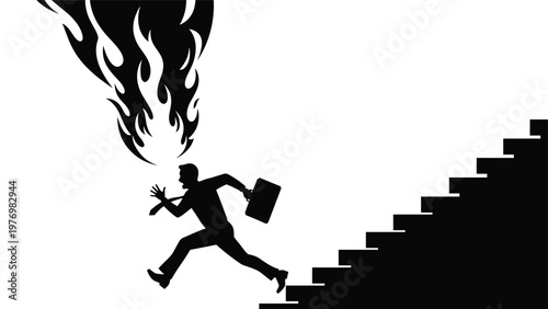 Silhouette of a businessman with a briefcase running down stairs to escape a large flame in a disaster or panic scenario.