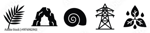 Black glyph icons depicting various elements of nature and modern infrastructure, including a tropical leaf, natural cave, spiral shell, tall power tower, and a green plant with water