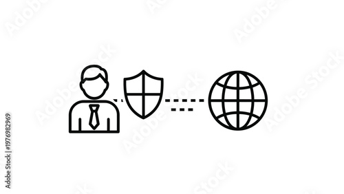 Icon depicting a human figure, a shield, and a globe connected by lines for global data security and privacy concepts.
