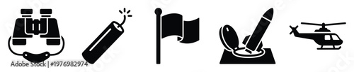 Collection of military and war related silhouette icons including binoculars, dynamite, flag, missile launcher, and helicopter useful for defense, security, strategy, or conflict themed