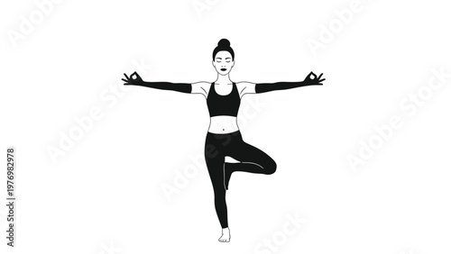 Silhouette of a woman practicing a yoga tree pose for balance, wellness, and mental health against a white background.