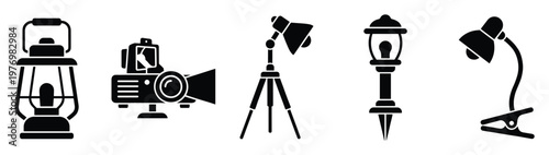 Collection of diverse lighting equipment icons featuring a lantern projector studio light street lamp and clip on desk lamp for graphic design projects