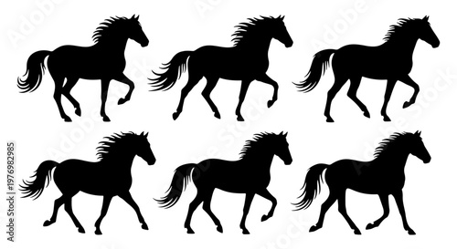 Black horse silhouettes, running stallion vector set, 6 equine icons