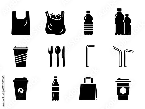 Plastic waste icons, 12 single use plastic vector set, pollution symbols