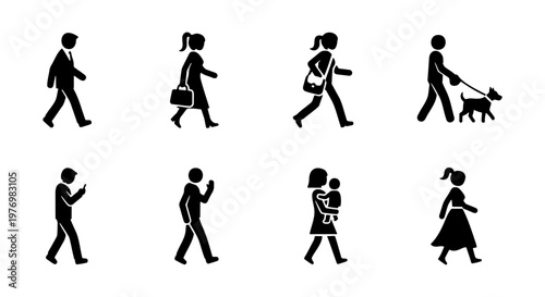 Walking people icons, black silhouette pedestrian set, 8 vector figures