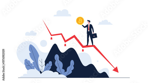 Businessman in suit holding a large Bitcoin coin while standing on a downward trending red graph arrow over hills.