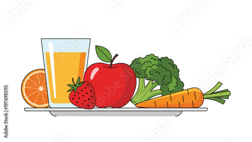 Assorted healthy food items on a white tray featuring a glass of orange juice and various fresh fruits and vegetables.