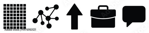 Versatile collection of business and technology icons including data grid, network connections, upward arrow, professional briefcase, and communication speech bubble for digital projects