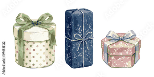 Three beautifully wrapped gift boxes with ribbons and bows.