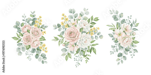 Watercolor Floral Bouquets with Delicate Roses and Eucalyptus Leaves.