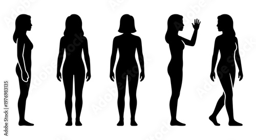 Black woman silhouette set, female body profile, girl standing vector