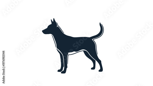 Dark silhouette of a dog standing sideways against a white background with a thin light outline around its body.