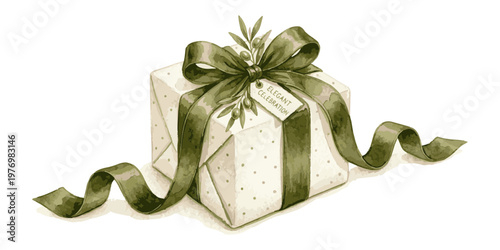 Elegantly wrapped gift box with a green ribbon and bow perfect for celebrations.