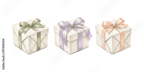 Three elegant gift boxes with bows perfect for celebrations and special occasions.