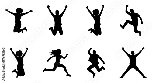 Jumping people silhouettes, happy person jumping set, 8 active human vectors
