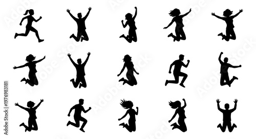 Jumping people silhouettes, 15 happy person icons, active human figures
