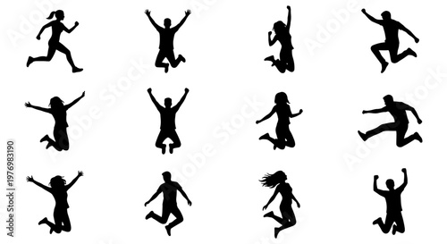 Jumping people silhouettes, 12 active person icons, happy human vectors