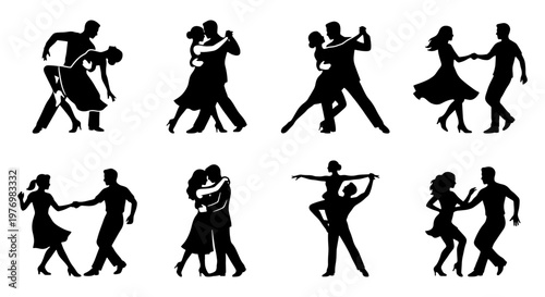 Ballroom dancing silhouettes, 8 couple dance vector icons, salsa tango set